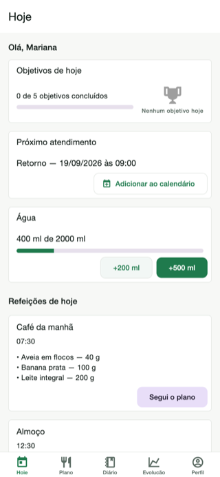 Tela inicial do app RedeNutri no celular do paciente, com as metas de água e refeições do dia